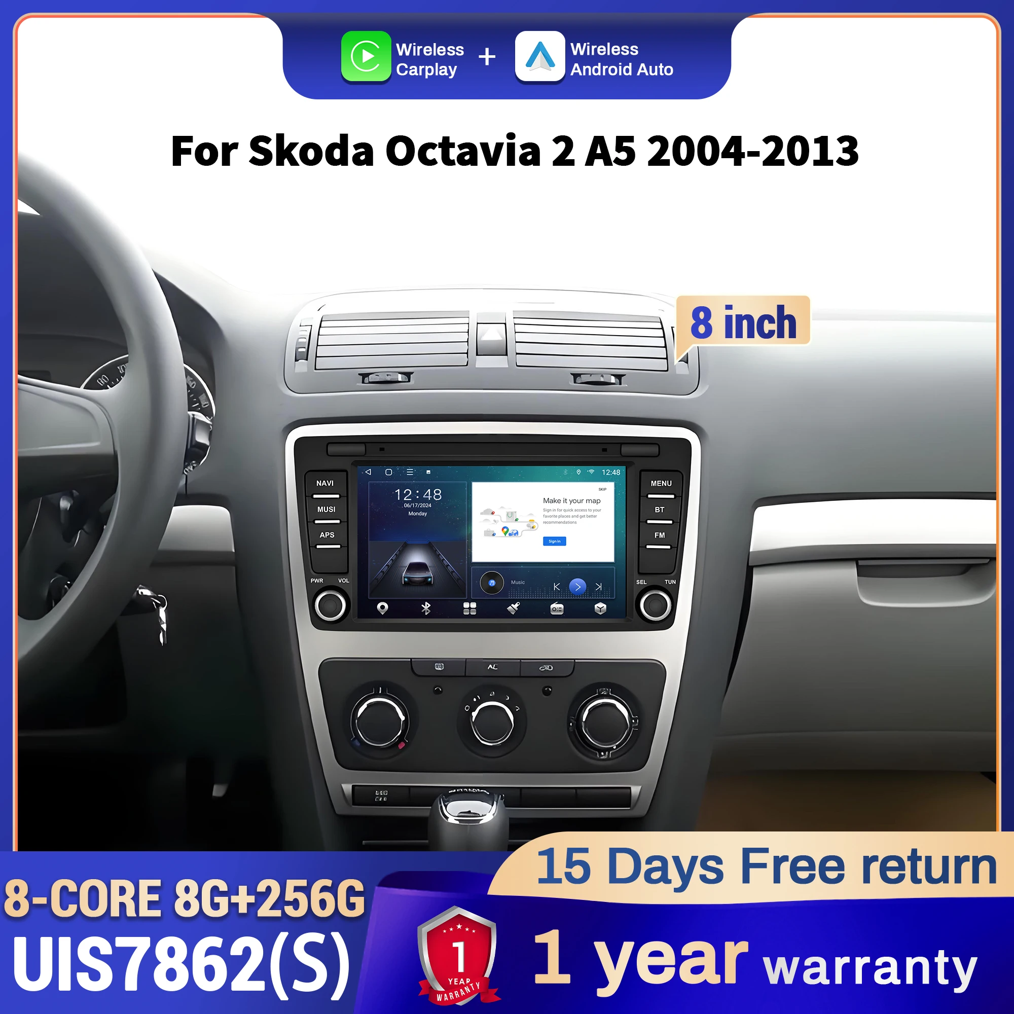 8 inch Car Radio For Skoda Octavia 2 A5 2004 2005 2006 2007 2008-2013 Wireless Bluetooth CarPlay Multimedia Head Unit Screen