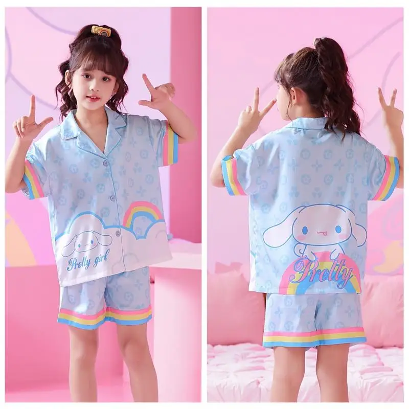 Sanrios Kuromi My Melody Cinnamoroll Pajamas Suit Kawaii Anime Summer Loose Fitting Leisure Ice Silk Kid Short Sleeve Shorts Set