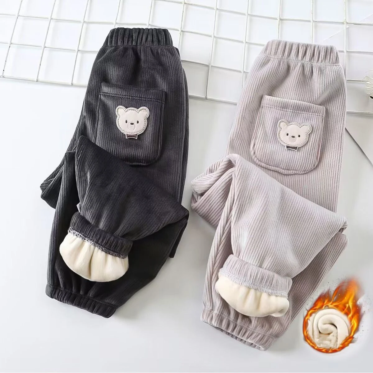 1pcs Boy Girl Winter Velvet Corduroy Kids Pants Little Bear Cartoon Mid Waist Warm Pantalones Baggy Thick Plush Children Trouser