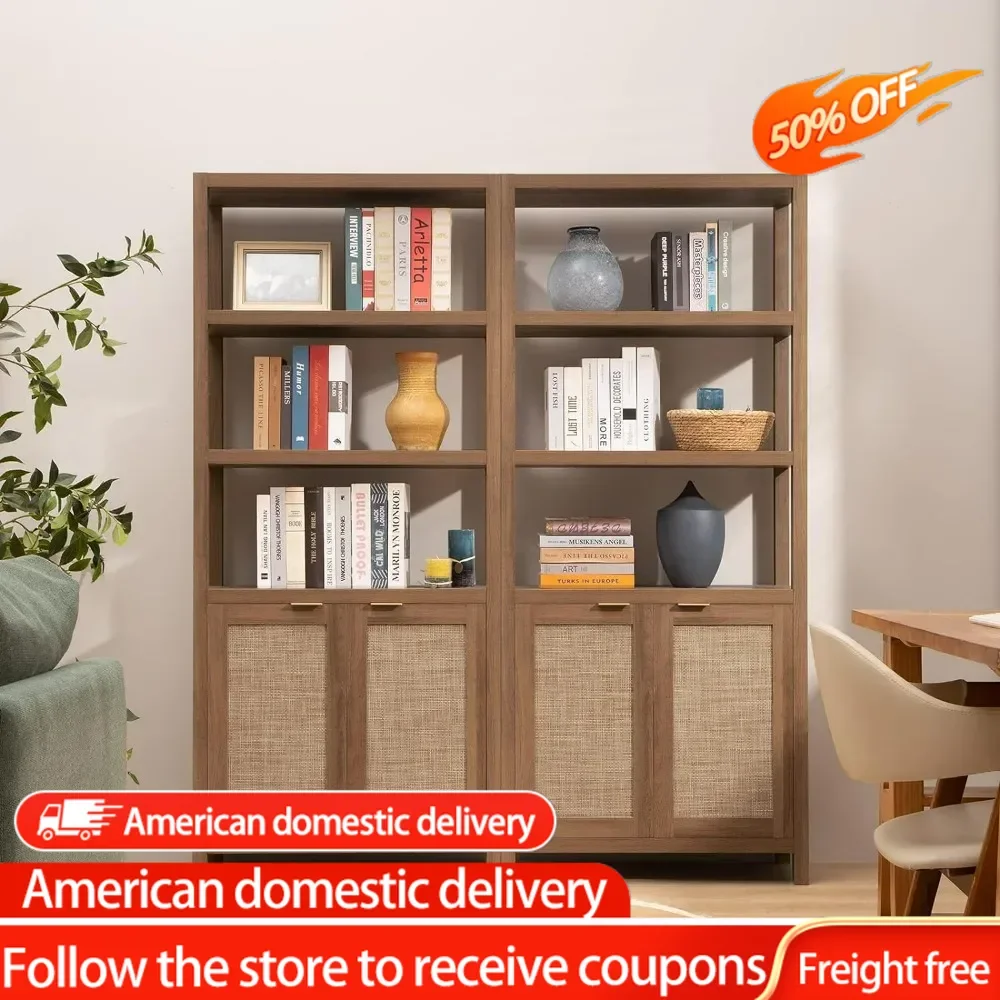 5 Tier Book Shelf Rattan  Bookcase with Doors Storage Wood Shelves Large Bookshelves Farmhouse Bookcases Book Case for