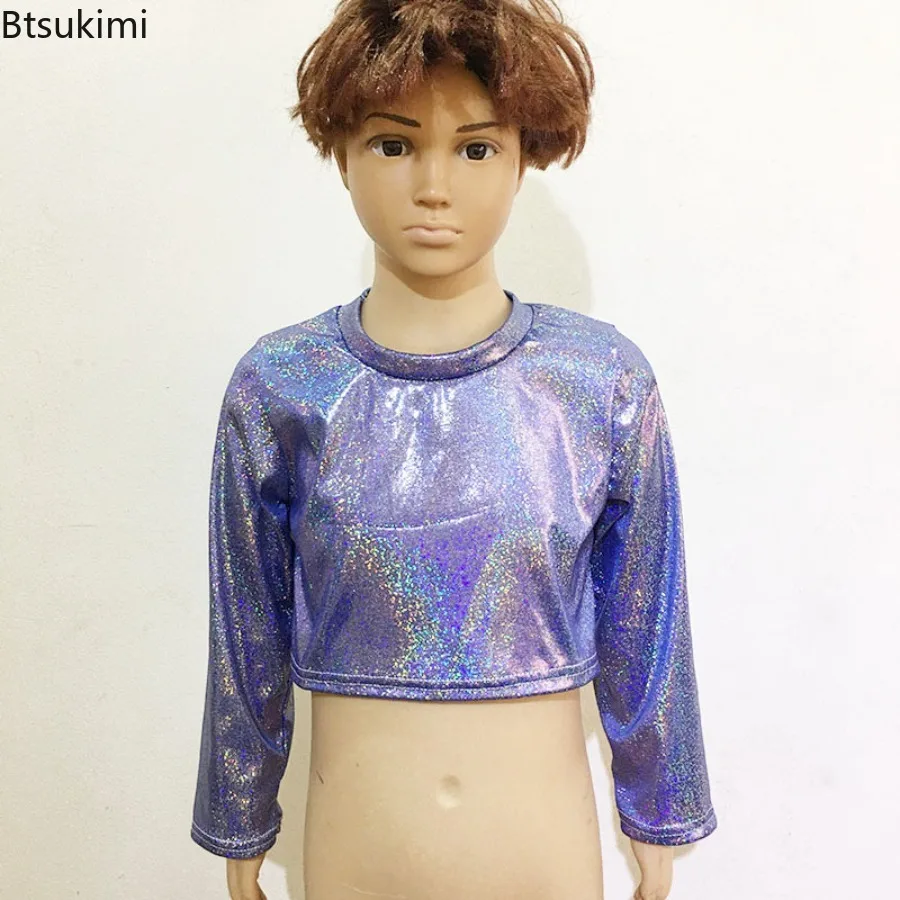 Children's T-shirts Fashion Boys Girls T-shirts Kid Shiny Metallic T Shirts Long Sleeve Loose Tops Dancing Party Dance Costume