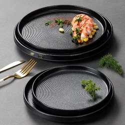 Round Striped Black Plastic Dining Plate, Food Grade Melamine Tableware, Barbecue, Meat, Buffet Plate, Snacks, Home Kitchen