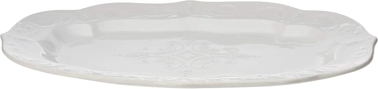 French Perle White Large Stoneware Serving Platter | Dishwasher safe, microwave safe | for meat or vegetables | entertaining