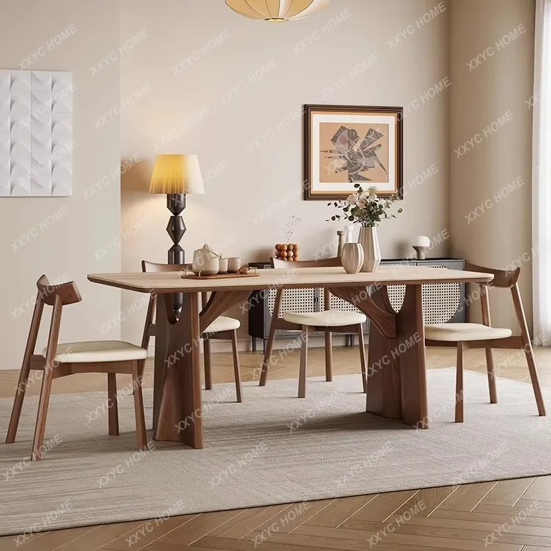 Jretro flying crow rock board dining table household small apartment medium and antique rectangular walnut full support