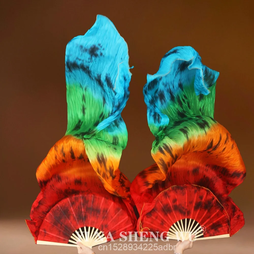 Nieuwe Aangepaste Tie-dye 100% Echte Zijden Sluier Buikdans Fan Paren (1L + 1R) Vrouwen Oosterse Dansshow Props 180 cm Streep Kleur