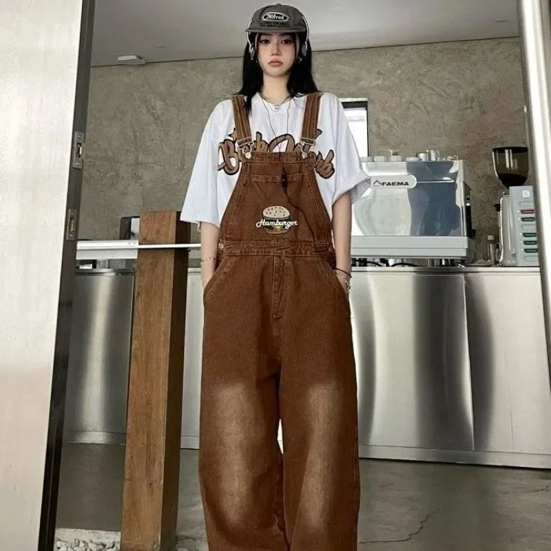 

American Retro Brown Denim Jumpsuit Burger Embroidered Strappy Trouser Women Loose Playsuit Pants Straight Romper Jeans Overalls