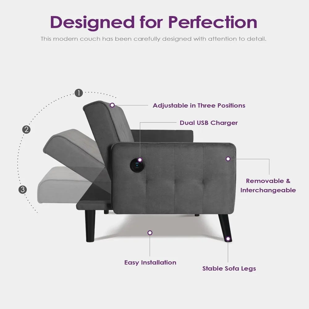 65-calowa rozkładana sofa Futon z 2 portami USB, tapicerowana, mała, regulowana rozkładana kanapa Loveseat