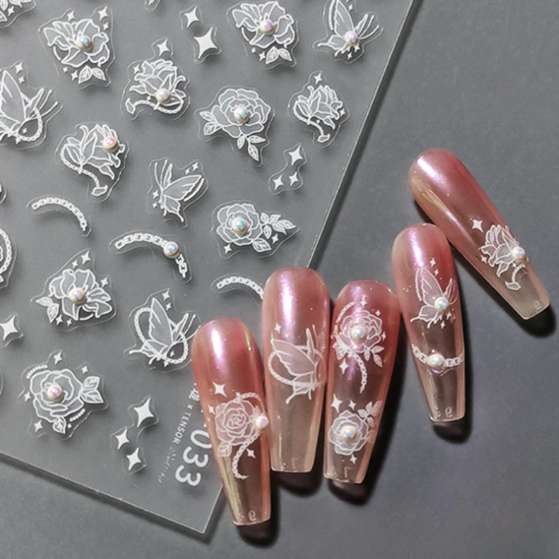 Semi-transparent Pure White Flower Butterfly Pearl Rose Star 3D Self Adhesive Nail Art Sticker Illusion Colorful Manicure Decals