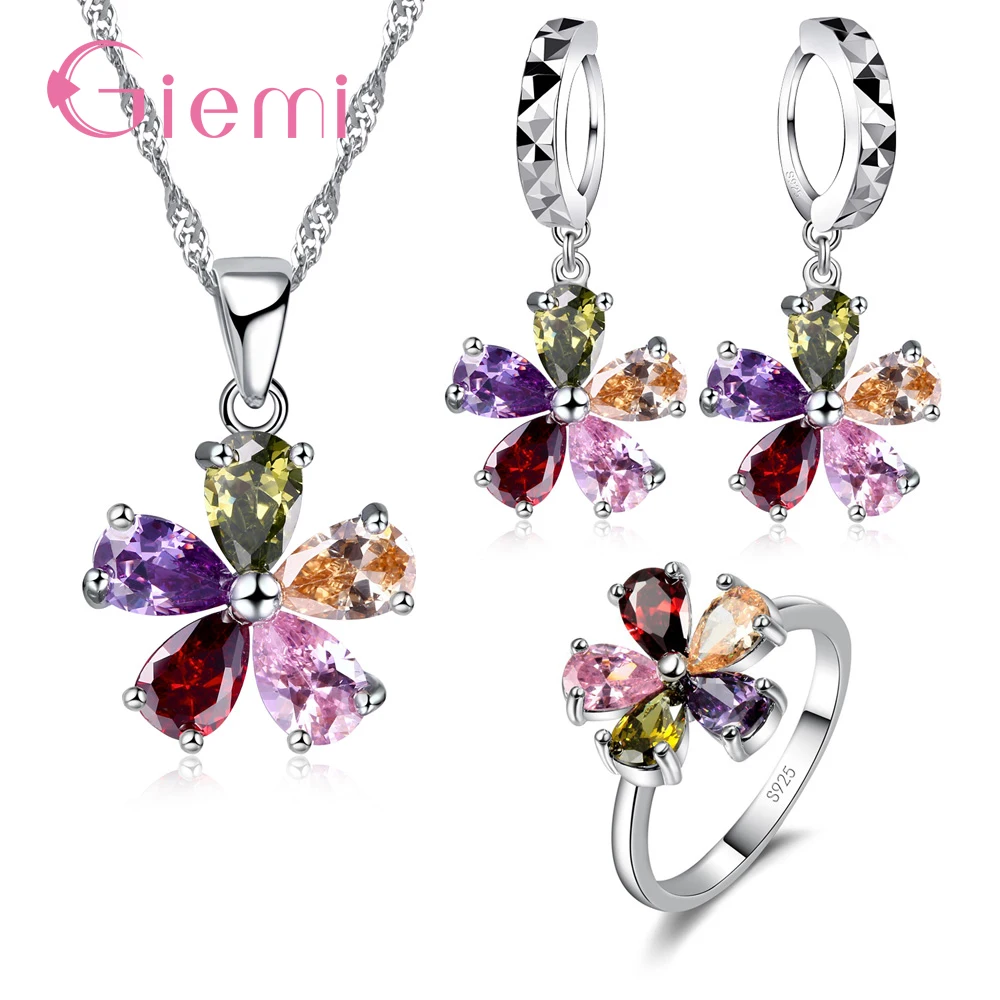 New Classic Water Drop Cubic Zirconia Wedding Jewelry Sets For Woman Colorful 925 Sterling Silver Necklace Rings Sets