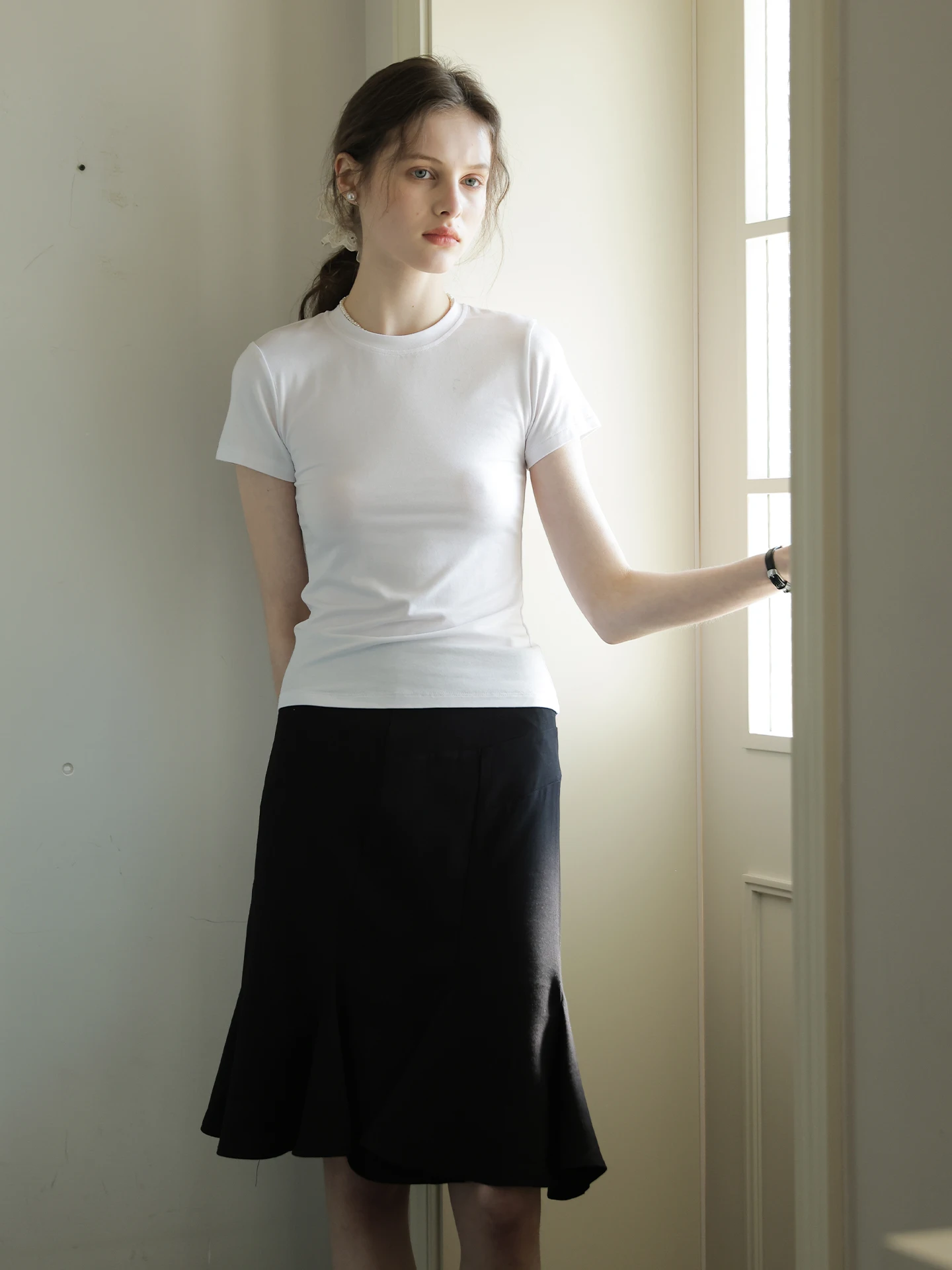 Classic White Slim Fit ort Sve T-irt Women's Summer New Sle Lightweight round Ne Base irt Versatile Slimming Top