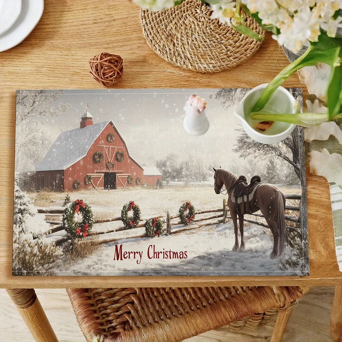 4pcs Christmas Barn Horse Scene Placemats - Festive Red Barn with Wreaths, Snowy Landscape, Digital Print, Polyester, 18x12 Inch