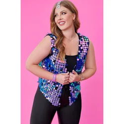 Plus Size Purple Party Open Front Sleeveless Sequin Vest Tank Tops