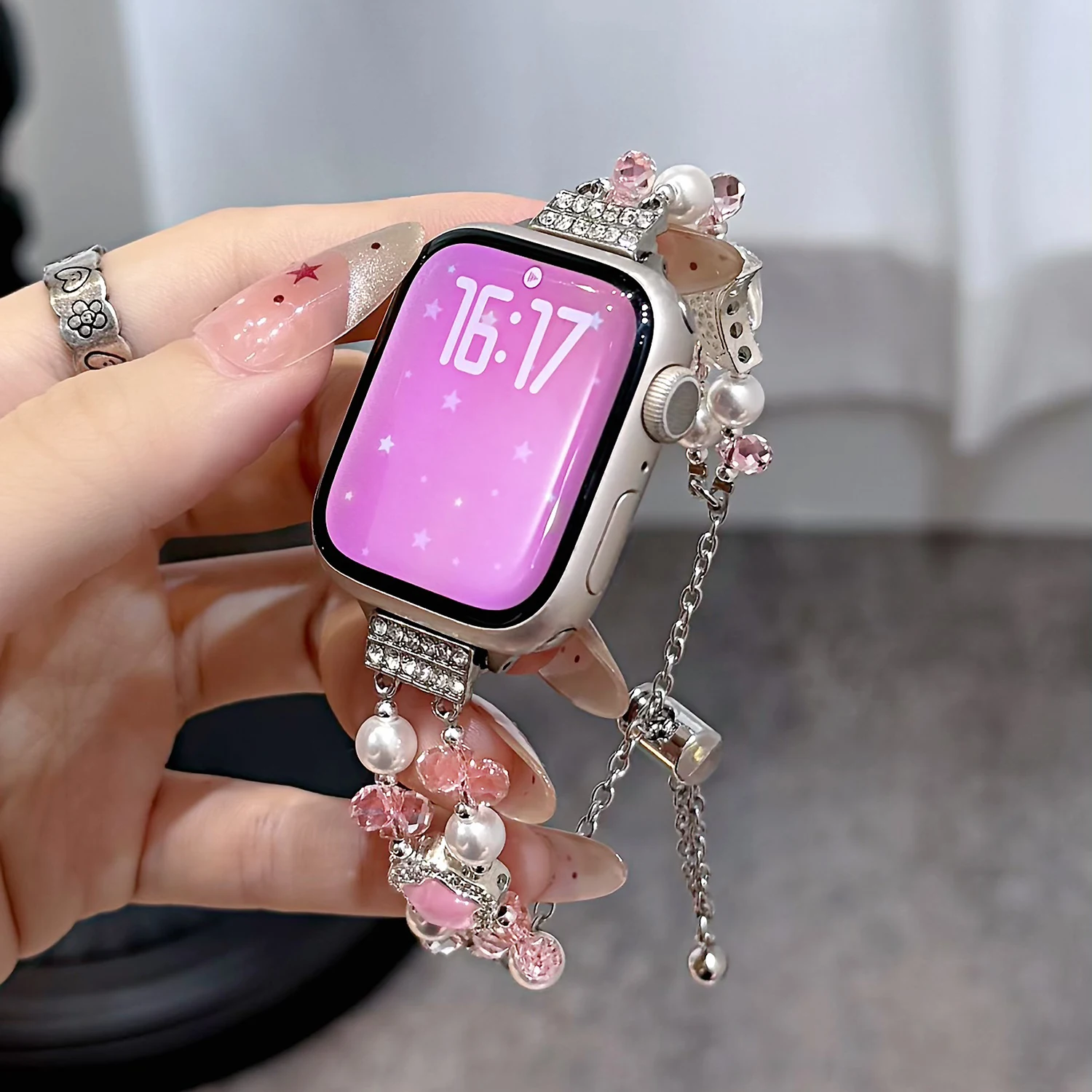 Women's Pearl Sparkling Star Bracelet Strap for Apple Watch Strap 46/45/44/42/40-40mm Premium Fragrant Strap for iWatch Series