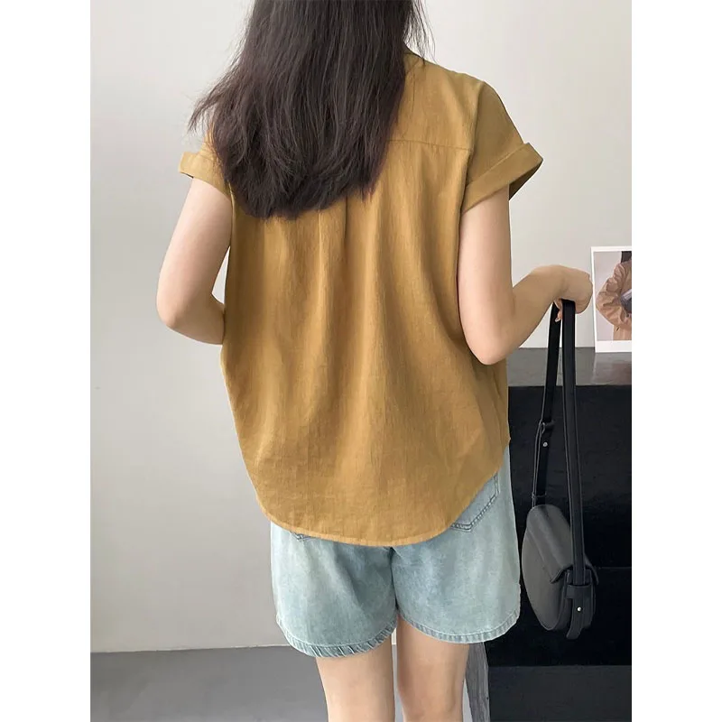 Korean Blouse 2024 New Summer Women\'s Fashion Loose Casual Polo-Neck Spliced Pockets Button Short Sleeve Solid Color Shirt Tops