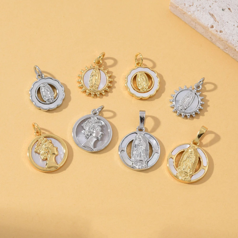 1 Pcs Virgin Mary Series Shell Pendant Only for Diy Earrings Necklace Jewelry Parts Copper Plating Gold Round Hollow Accessories