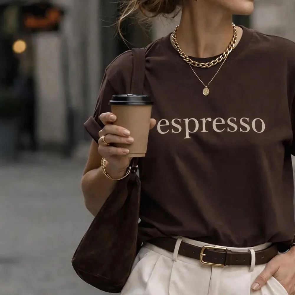 Espresso Italian Language Letters Printing Coffee T Shirts Female Summer Short Sleeve Loose Tops Crewneck Casual Cotton Tees