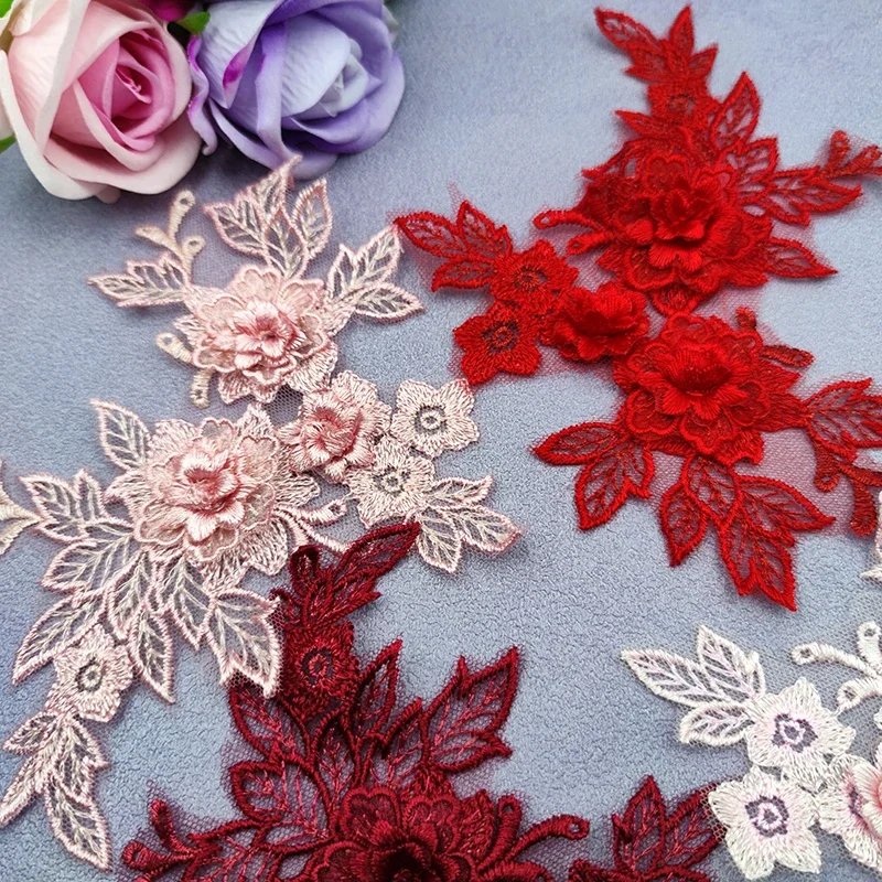 1pair Embroidered Three-dimensional Lace On Flower Wedding Dress Accessories DIY Lace Stickers Bridal Dress Decoration view 4