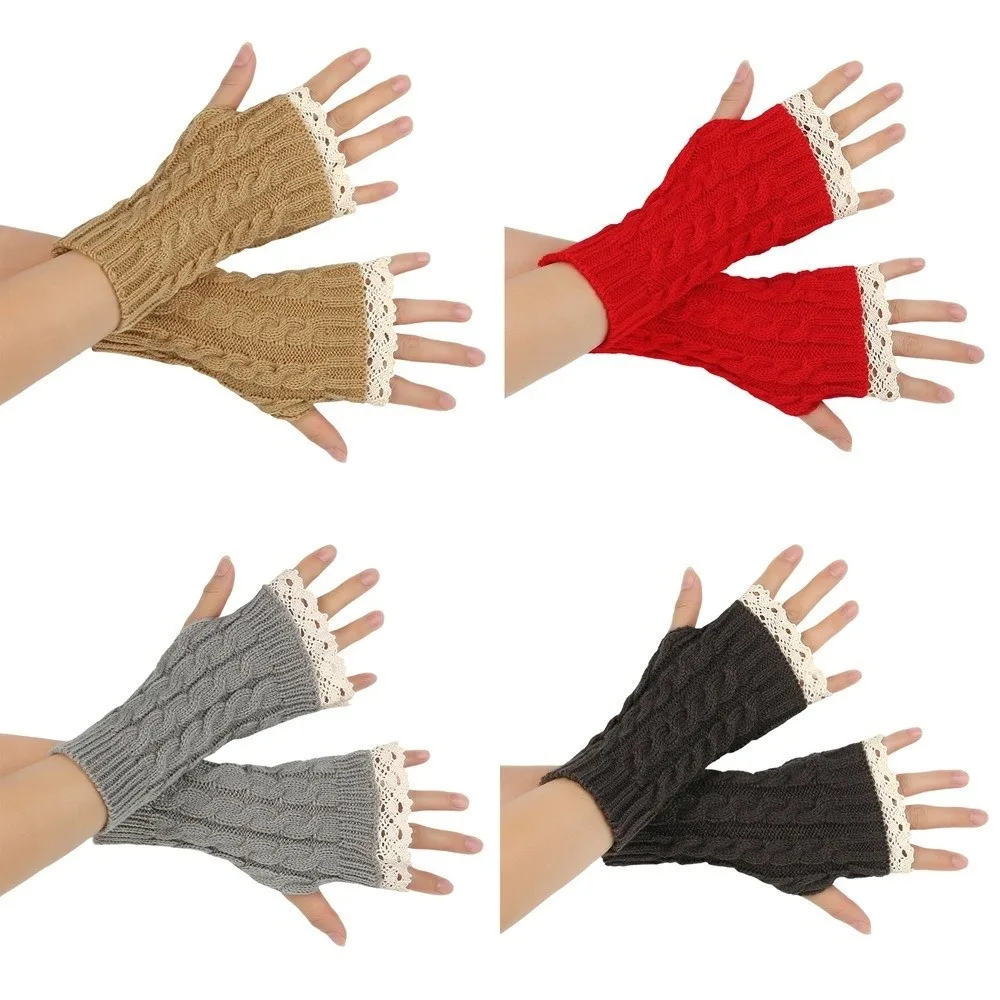 Fashion Lace Trim Fingerless Mittens Thicken Long Half Finger Gloves Warm Wrist Protection Wrist Mittens Women Use