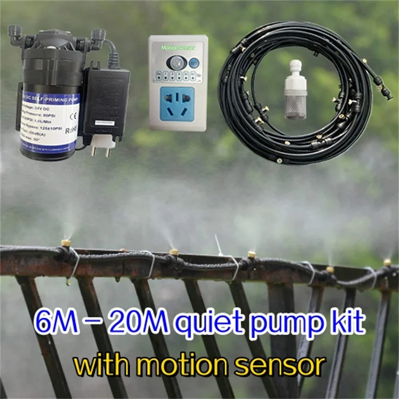 Motion Sensor Outdoor Misting Cooling System 24V Water Pump Kit Fog Nozzles For Greenhouse Garden Patio 6M - 20M Irrigation Kits