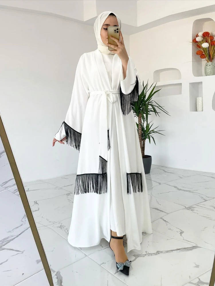 Abaya musulmane à pampilles pour femmes, robe longue, cardigan épissé, ceinture traditionnelle, léger, strech, arabe, dubaï, Eid, 2024