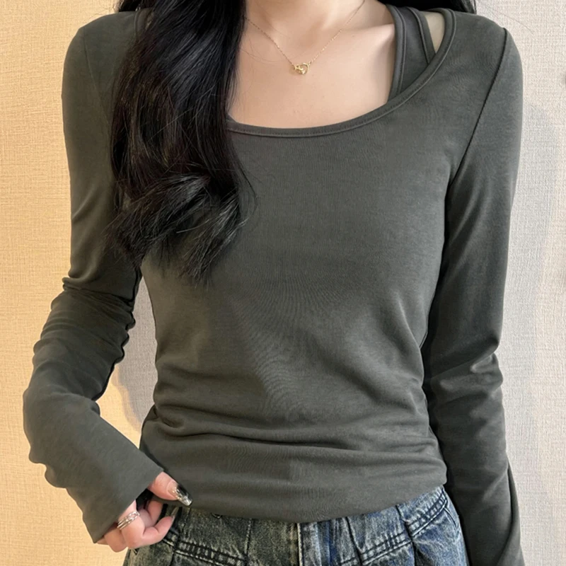 S-3XL Fake Two Pieces Long Sleeve T-shirts Women Spring Autumn Slim Bottoming Tops Solid Color Female Pullover Tees