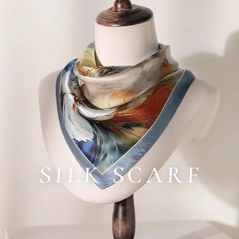 

100% Real Silk Scarf Korean Fashion Blue Oil Painting Scarves Femme Hijab Headband Headscarf Kerchief Travel Accessory