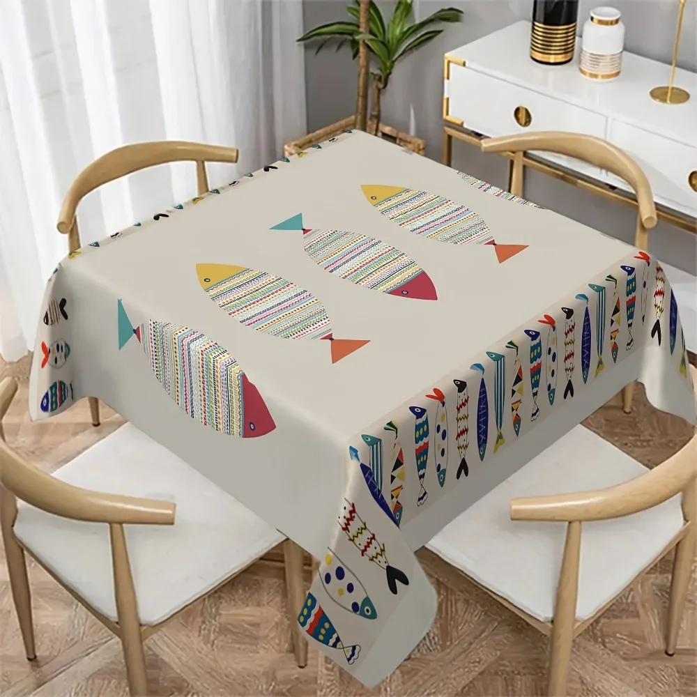 One bright fish-pattern and stripe-print tablecloth - machine washable and durable