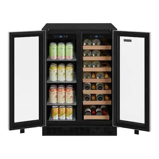 24 Inch Built in Freestanding Dual Zone Wine and Beverage Cooler 148L Stainless Steel French Door 27 Bottles  Home Bar 110v 60hz
