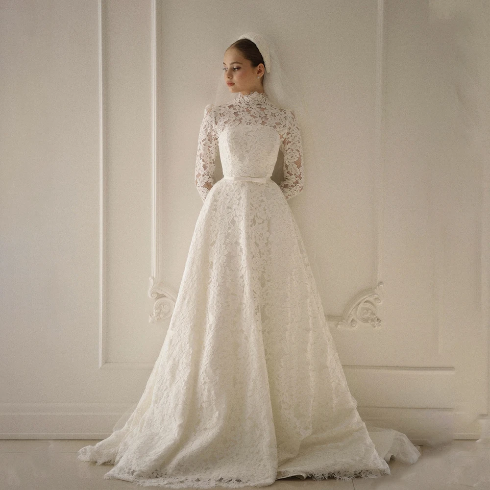 

Muslim Wedding Dresses High Neck Long Sleeve Bride Dress A-Line Sweep Train Lace Church Bridal Gown Customized robe de mariée