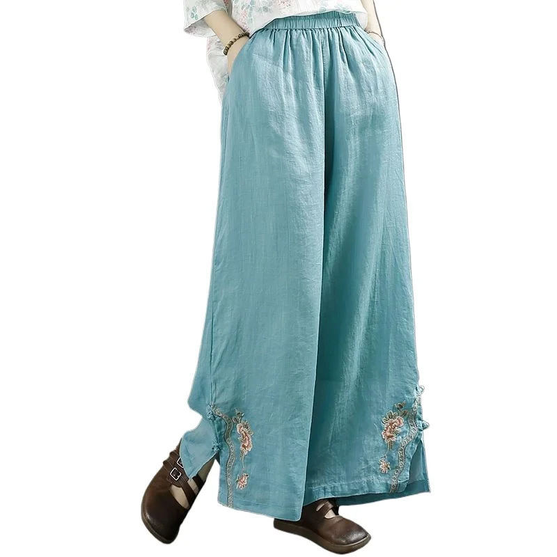 

Ethnic Style Cotton Hemp Embroidered Wide Leg Pants Women's Elastic Waist Loose Disc Buckle Side Split Ankle Length Capris