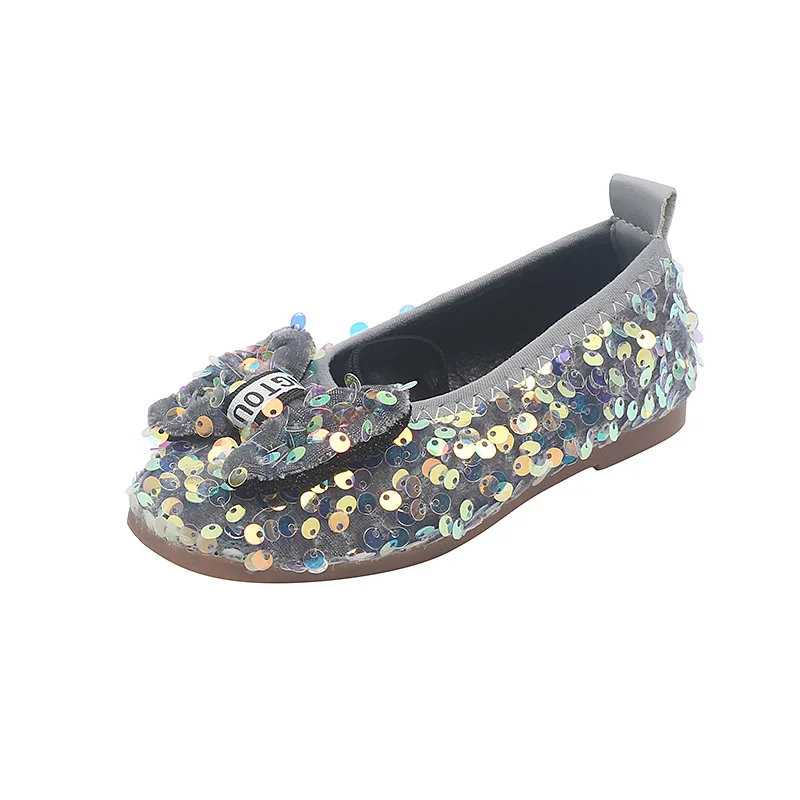 Girls Shoes Kids Glitter Leather Shoes for Wedding Stage Party Sequins Bling Shiny with Bow-knot Princess Soft Children's Flats