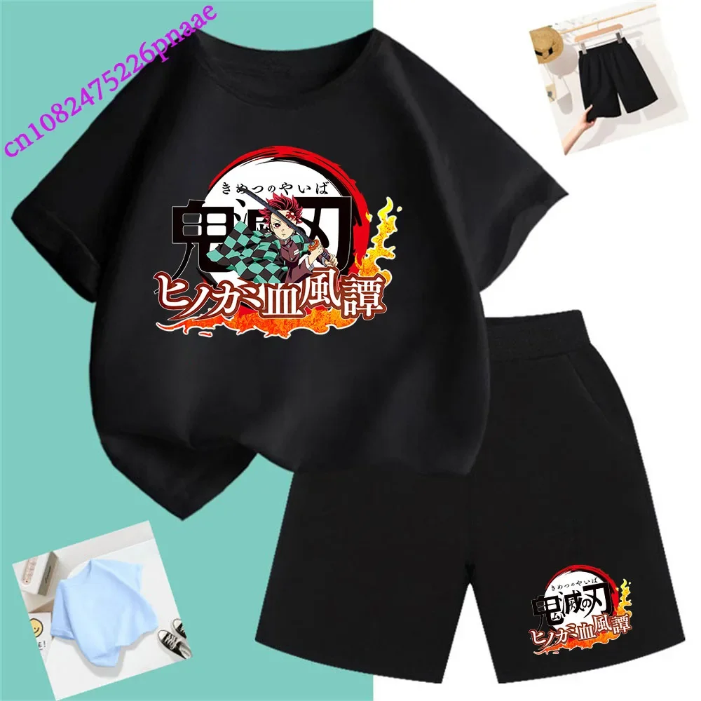 Demon Slayer t shirt Fashion Summerdress2024 Short Kid Short T-shirt Baby Tee Sets Fashion Casual O-neck Breathable KawaiiShorts