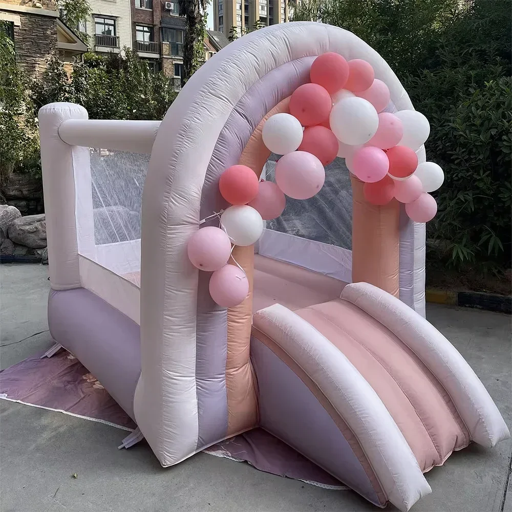 Mini Rainbow Bounce House with Ball Pit Jump Castle Combo with Slide Kids Party Pink