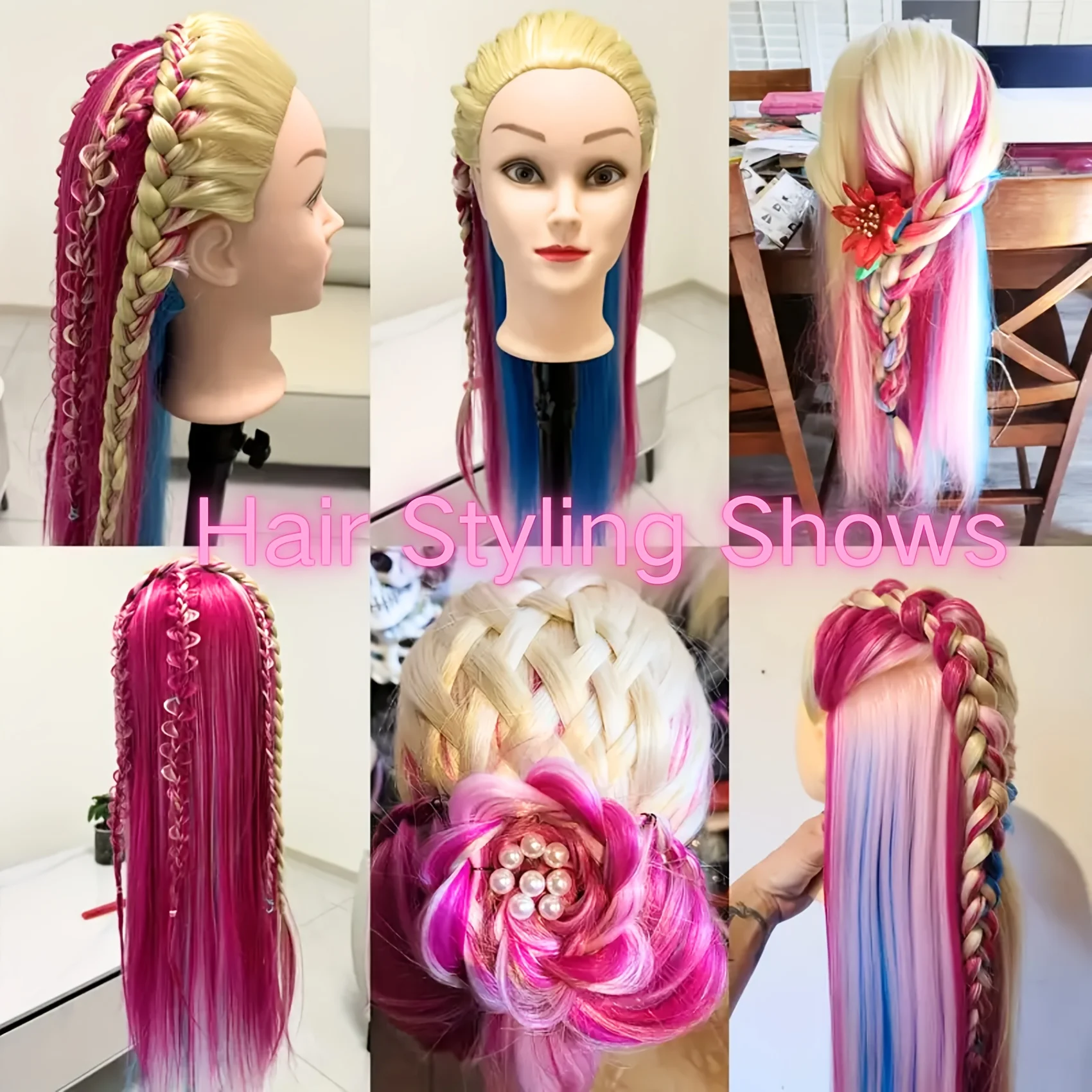 Testa di manichino con capelli colorati da 26 pollici, capelli sintetici ad alta temperatura, per esercitazioni di intrecciare i capelli e esposizione di modellismo