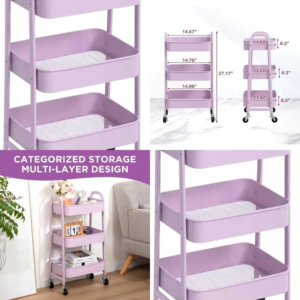 

3-х уровневая фиолетовая тележка-органайзер для макияжа на колесиках с запираемыми колесами для домашнего и офисного использования