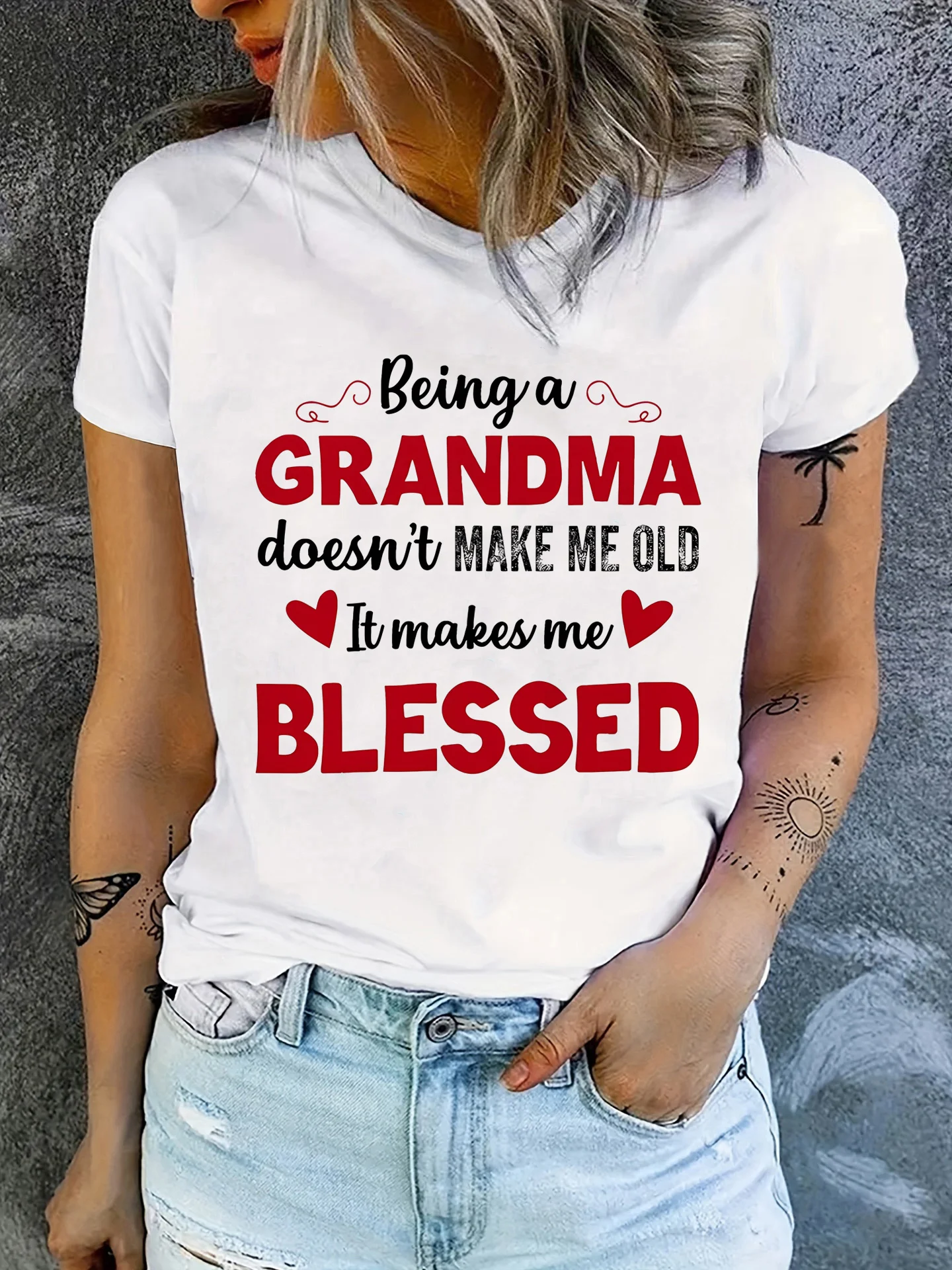 Being a Grandma Blessed Women's Tee - Heart Accent Quote Graphic, Inspirational Grandma Print for Casual Daily Wear