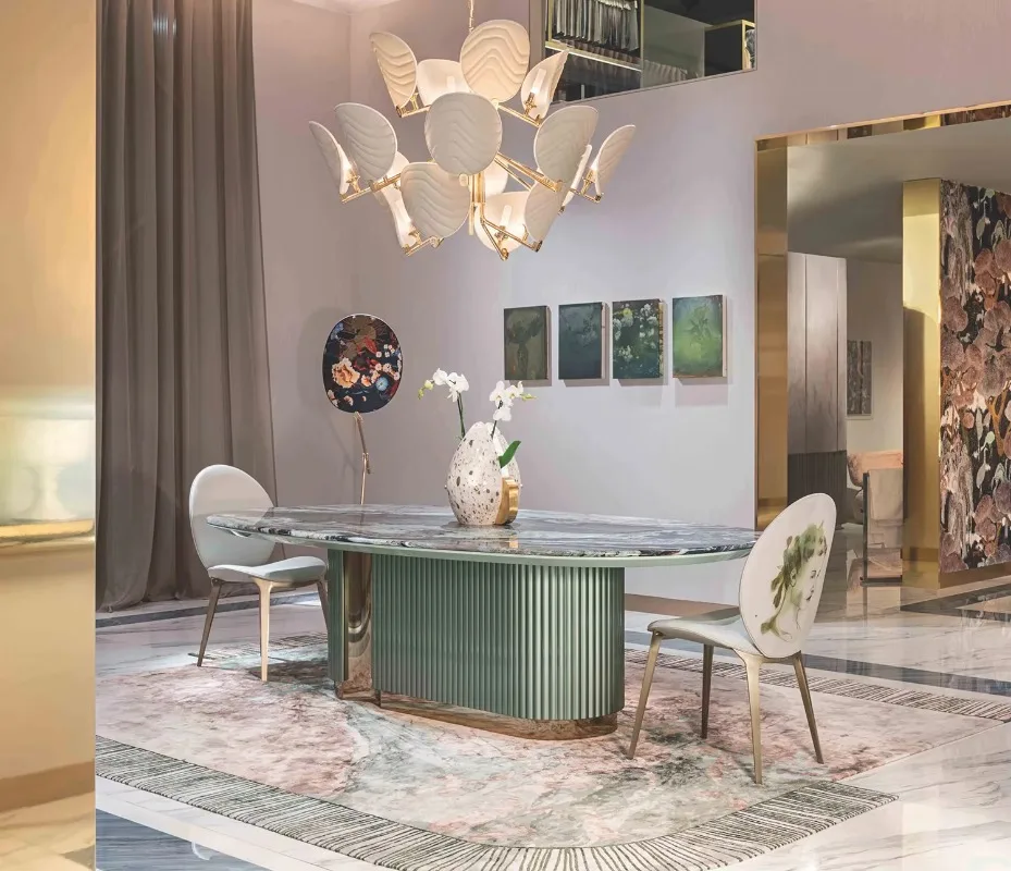 Modern Italian luxury natural marble countertops oval groove column villa furniture dining table
