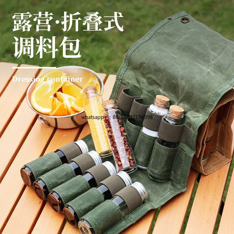 Outdoor Camping Seasoning Bottle Storage Bag, Free 9 Glass Seasoning Bottles, Barbecue Seasoning Bottle Combination Set