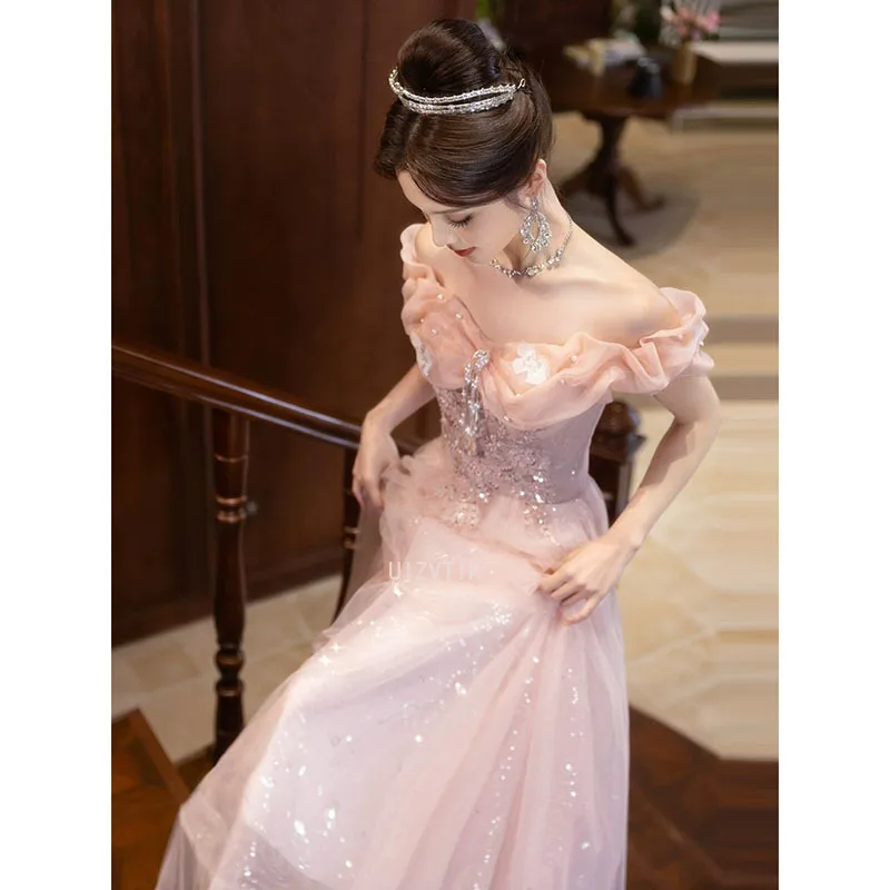 Vestido de noche rosa ligero de lujo con hombros descubiertos, apliques delicados, cintura delgada, vestidos largos de graduación, vestido elegante para ocasiones formales