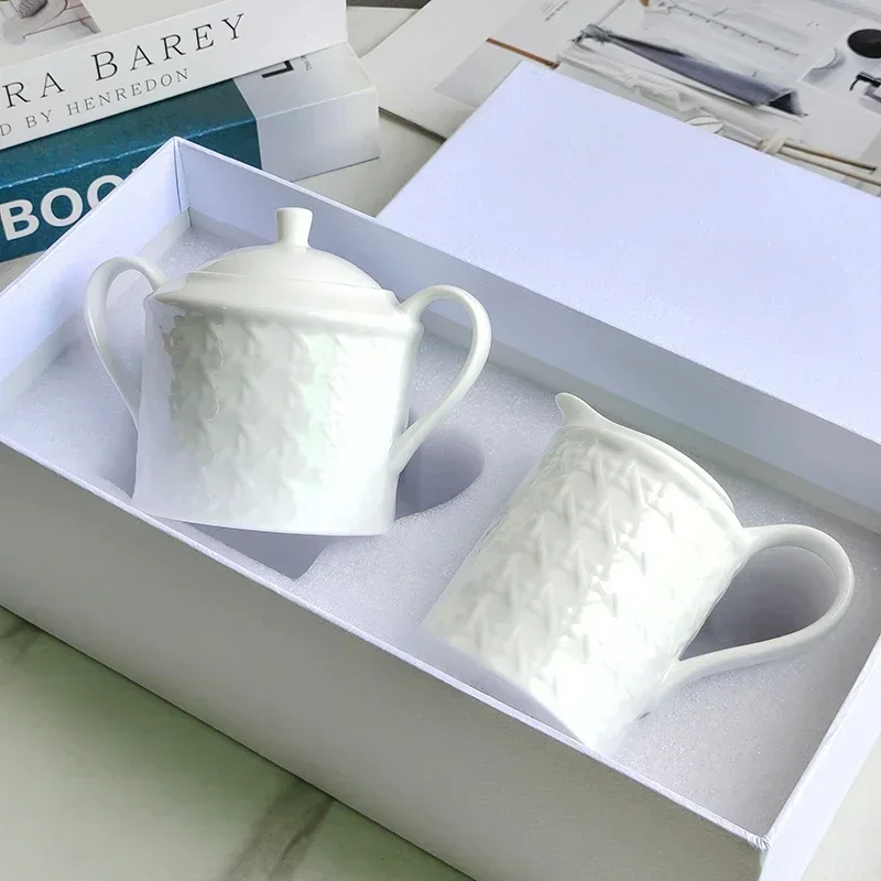 

European-Style Simple Ceramic Rattan Plaid Embossed Single Big Pot Milk Pot Sucrier Set Office Home White Gift Coffee Cup Set