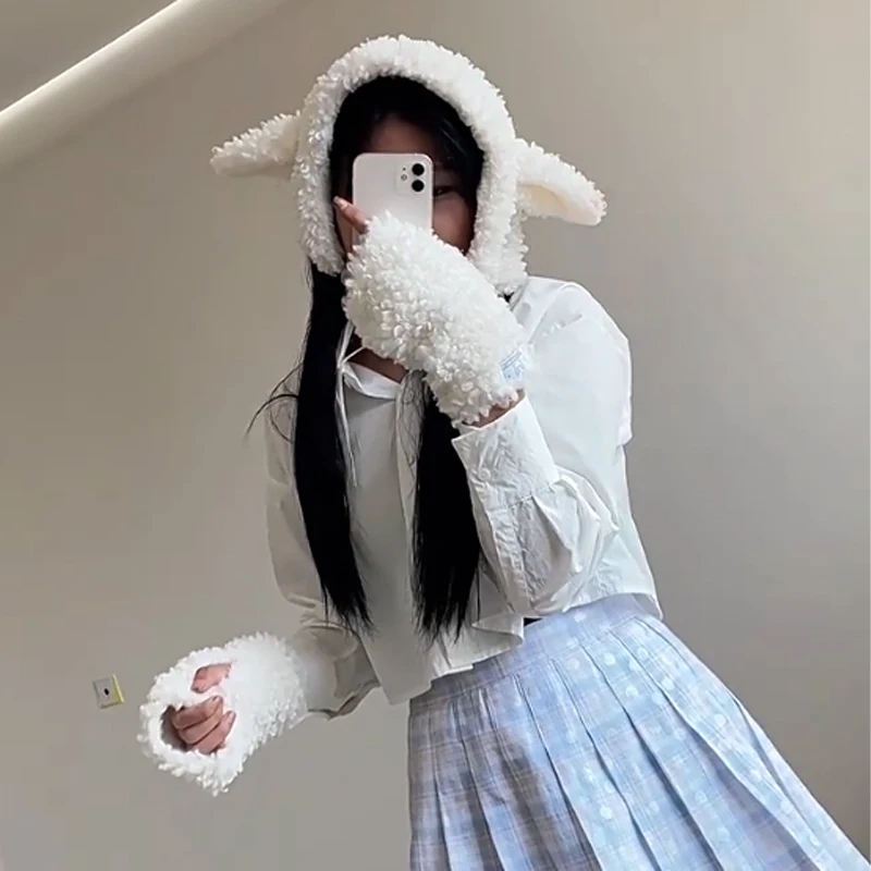 Cute Sheep Ears Hat Lamb\'s Wool Winter Ear Protection Hat Plush Boots Cover Socks Leg Warmers Performance Costume Bomber Hats