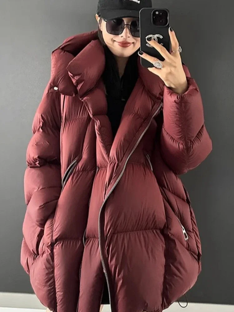 Down Jacket Women Medium-length 2024 Winter New Thickened Loose White Duck Down Warm Puffer Jacket Fashion Hooded Windproof Coat