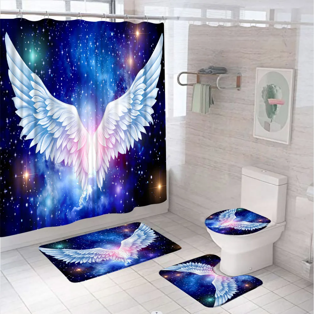 4Pcs Angel Wings Bathroom Shower Curtain Set Fantasy Blue Starry Sky Feather Flannel Rug Toilet Lid Cover Bath Mat With 12 Hooks