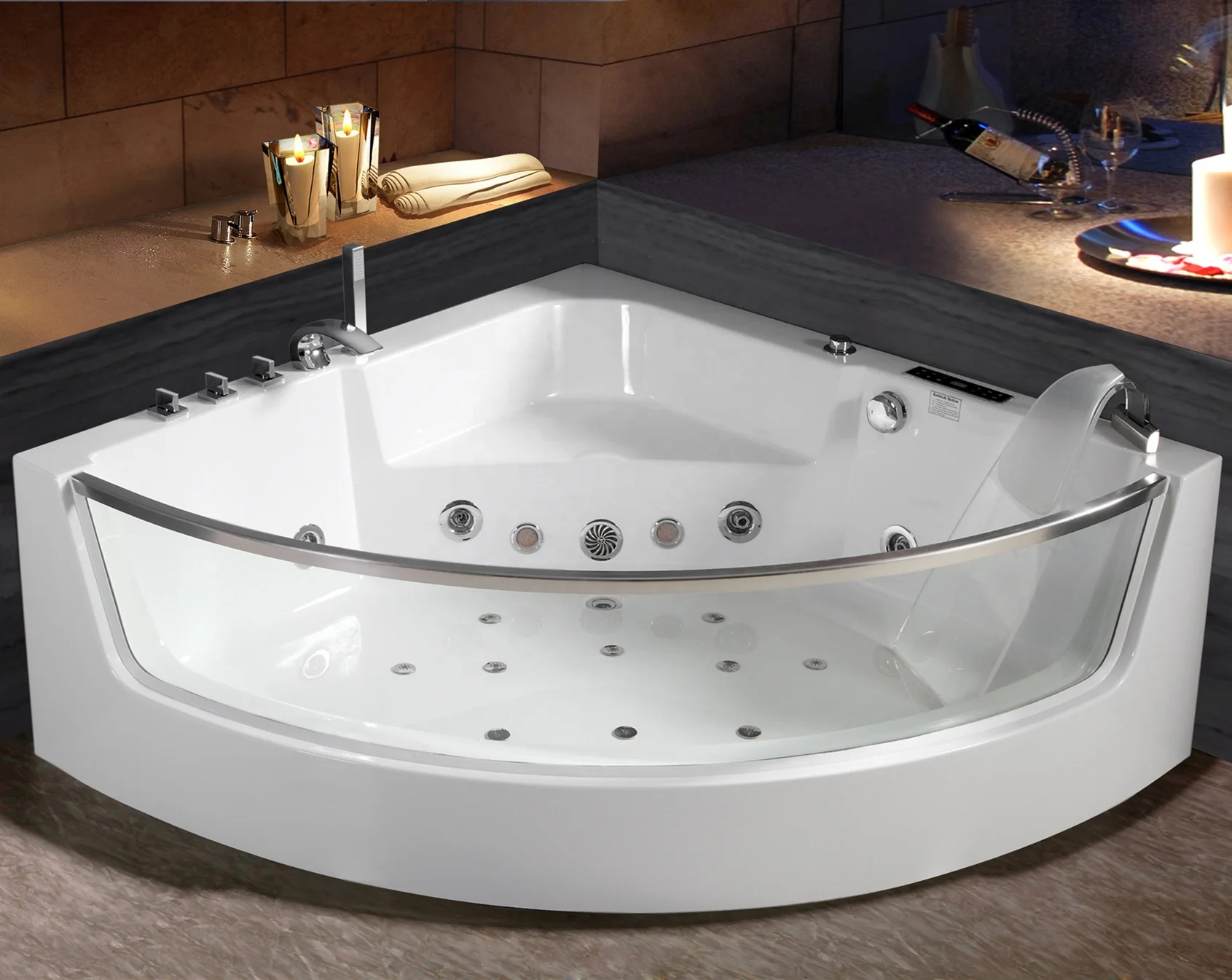 Hot Sale Bathroom Acrylic Tubs Corner Hydro Massage Jetted Bathtub With Tempered Glass And Copper Faucet