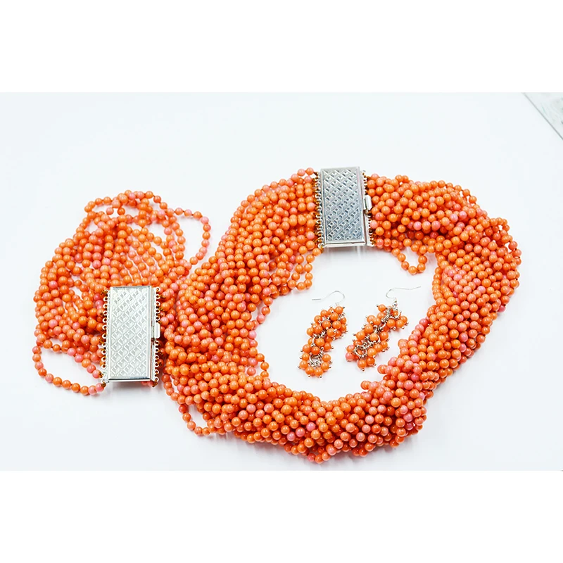 20 strand necklace/13 strand bracelet. 4MM natural orange coral necklace. Classic Bridal Wedding Jewelry Set