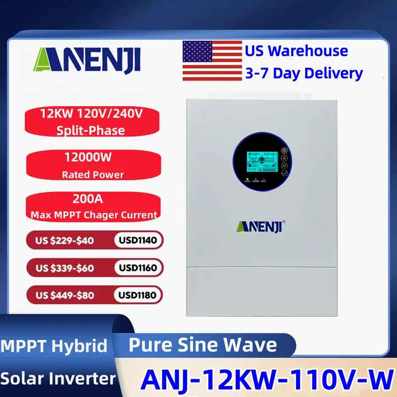 ANENJI Split-phase 120V/240V 12KW Hybrid Solar Inverter Pure Sine Wave Built-in 200a MPPT Solar Charge Controller