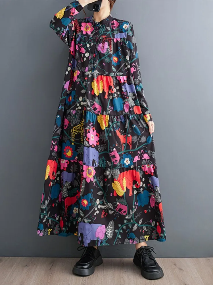 Übergroßen frühling Herbst Floral Blume Langarm Kleid Frauen Lose Mode Damen Kleider Frau Kleid