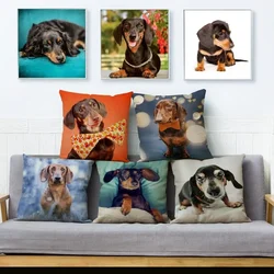 Mini Dachshund Printed Cushion Cover Square Pillow Case Beige Polyester Hugging   Home Decor