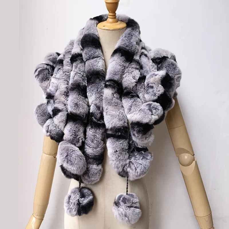 

2024 Women Warm Real Rex Rabbit Fur Shawl Luxury High Quality Winter Short Plus Size Natural Fur Scarf With Pom pom