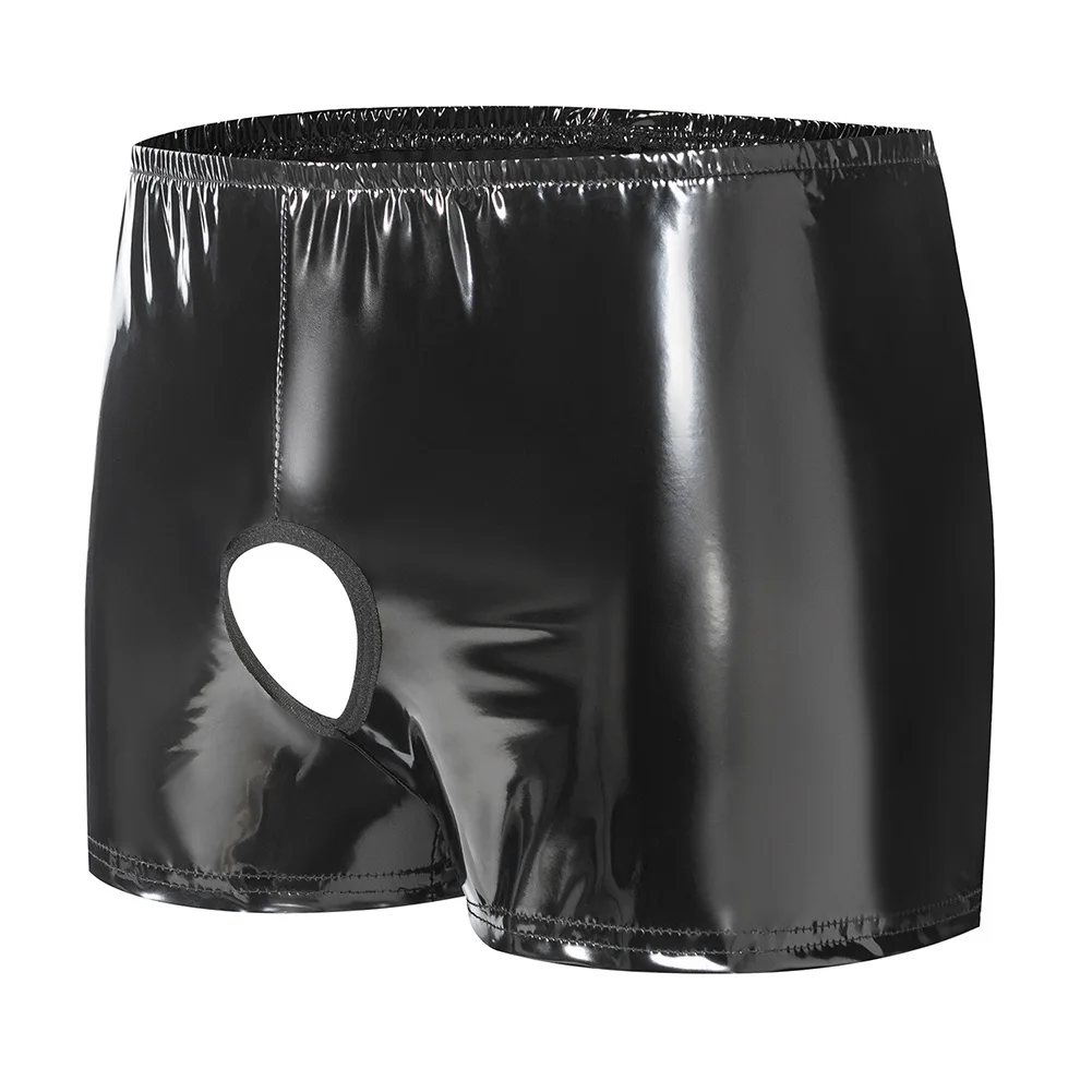 

Men Sexy Hollow PU Leather Underpant Exposed Buttocks Open Pocket Erotic Flat Angle Pants Wet Look Boxing Shorts Underwear